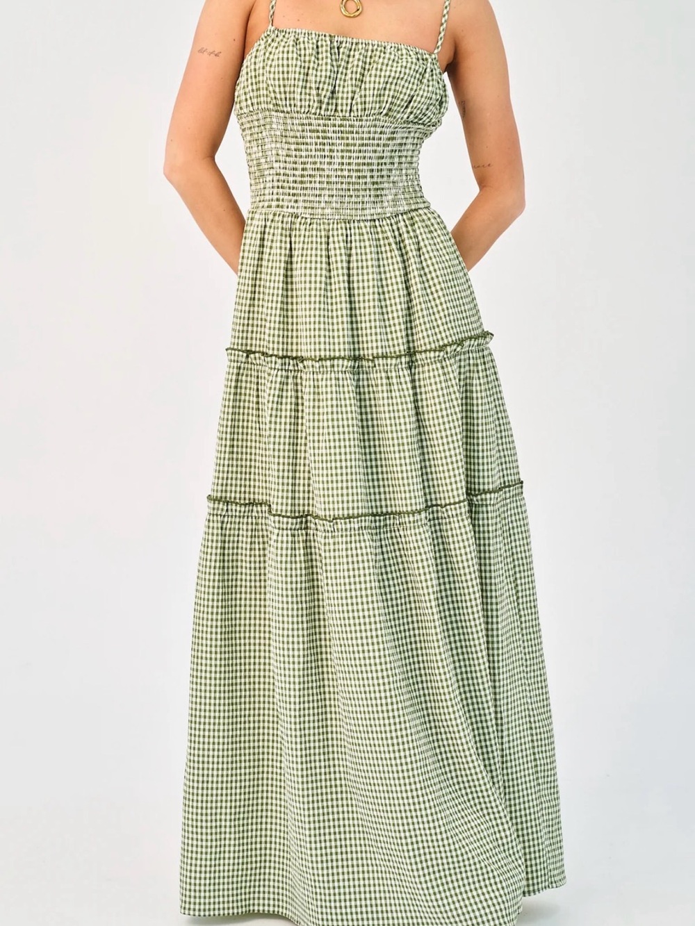 Gingham Smocked Maxi Dress in Sage Green